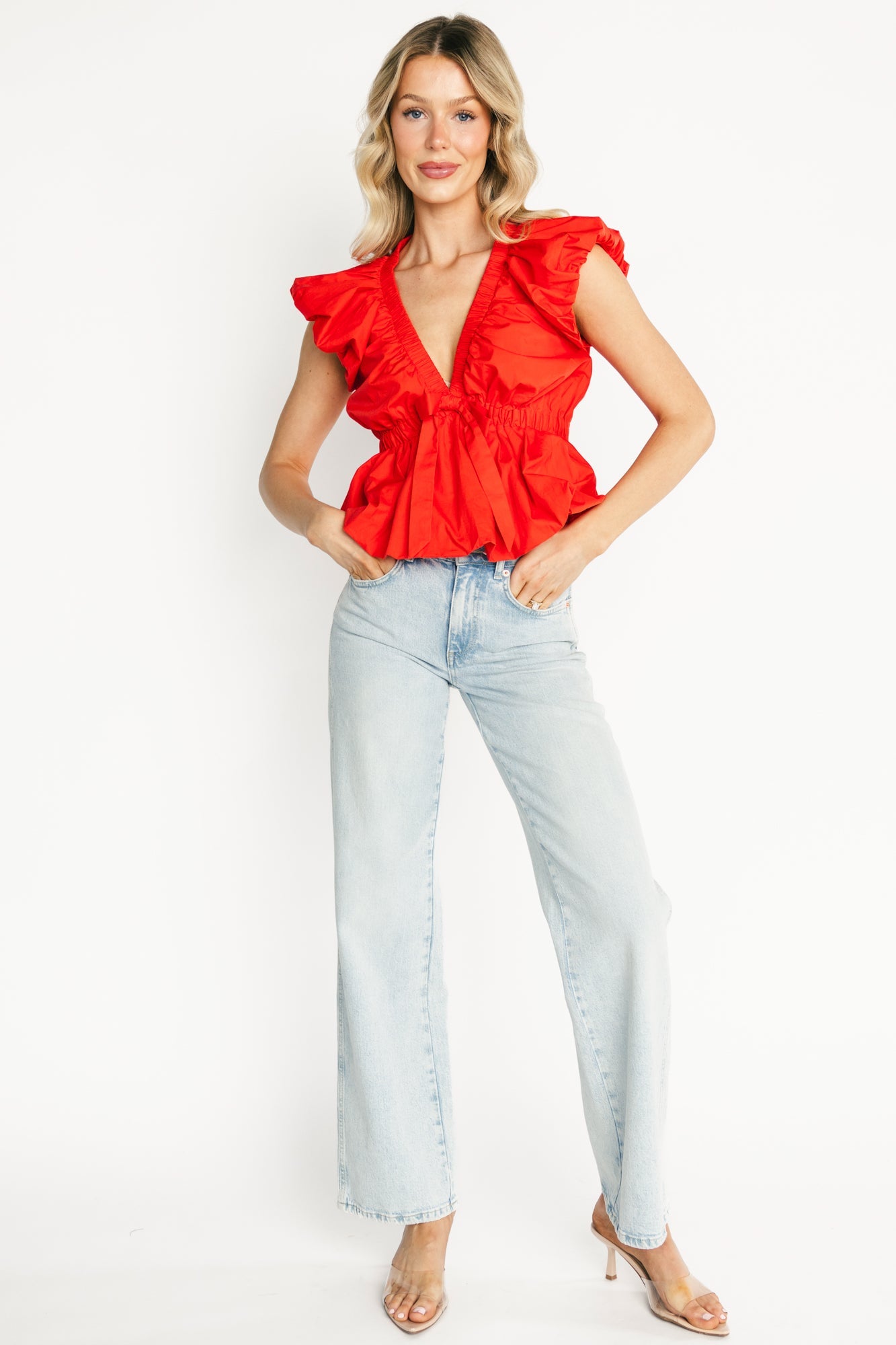 Norma Ruffle Peplum Top | Baltic Born Coral Red