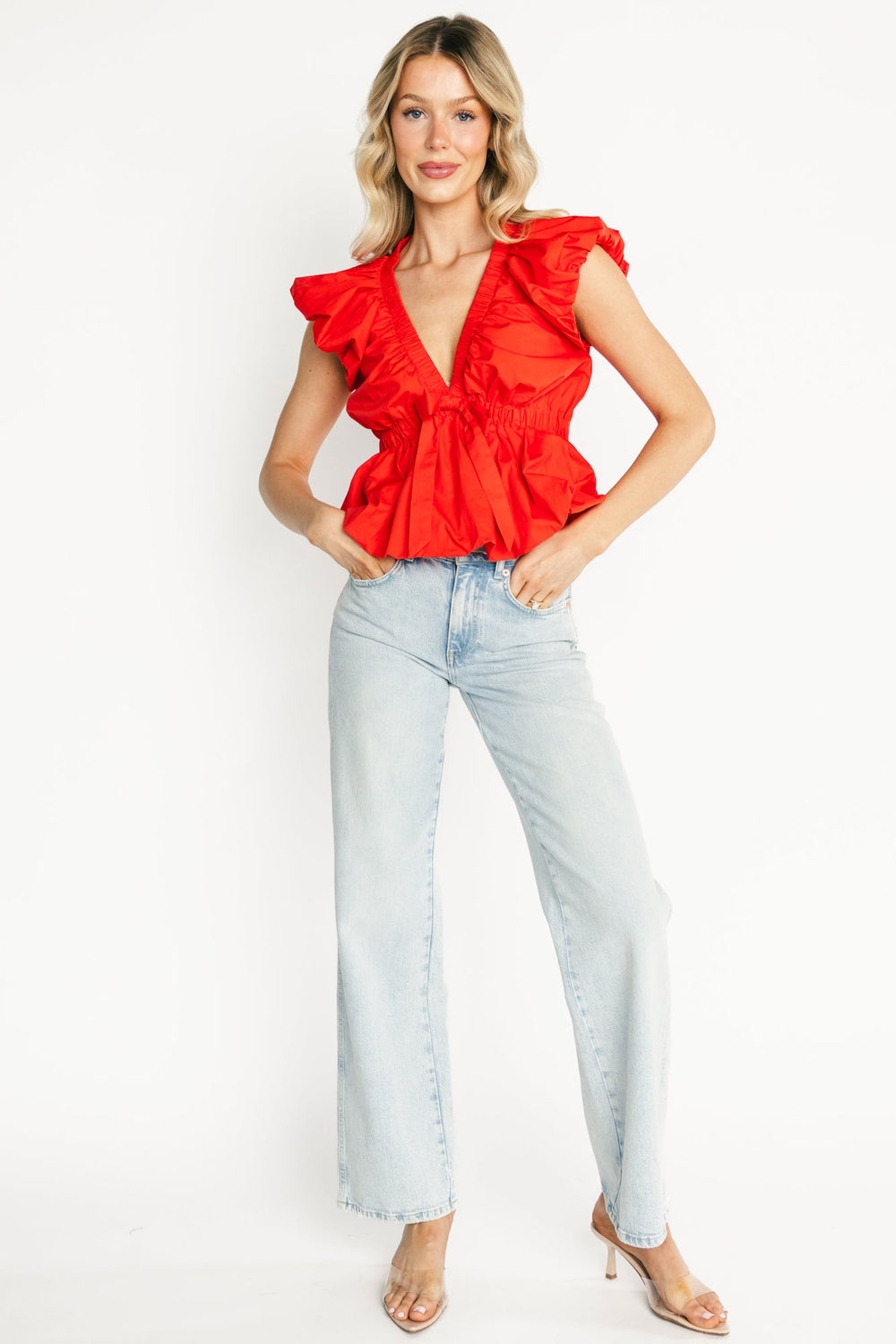 Norma Ruffle Peplum Top | Baltic Born Coral Red