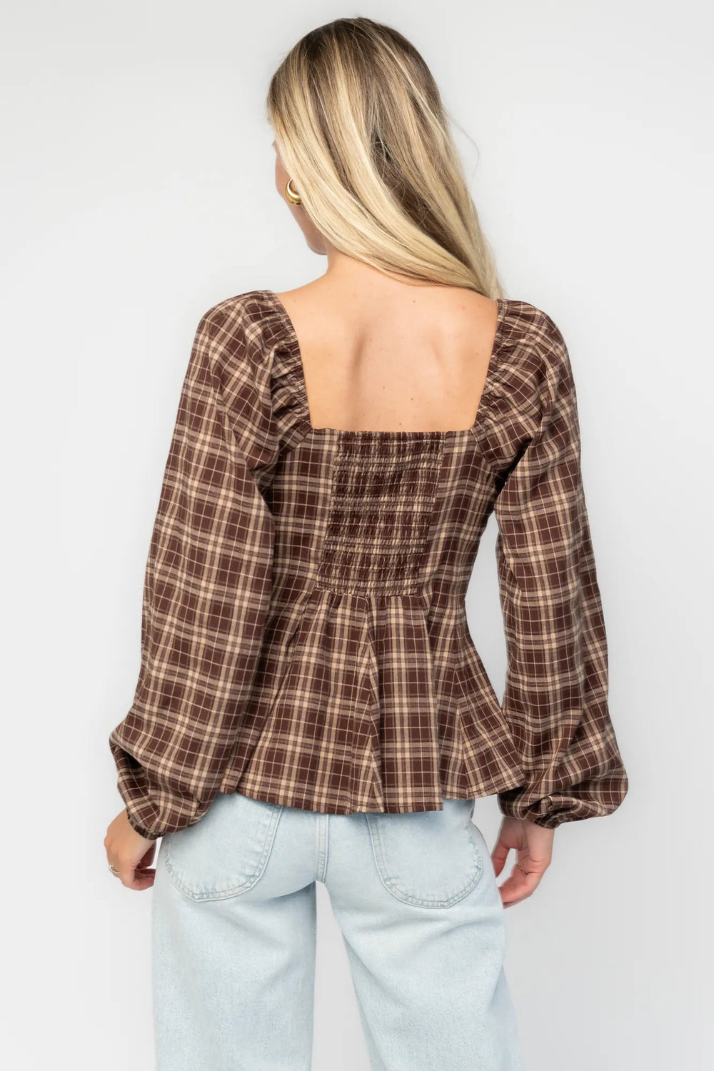 Sutton Peplum Top | Baltic Born Brown Plaid Print