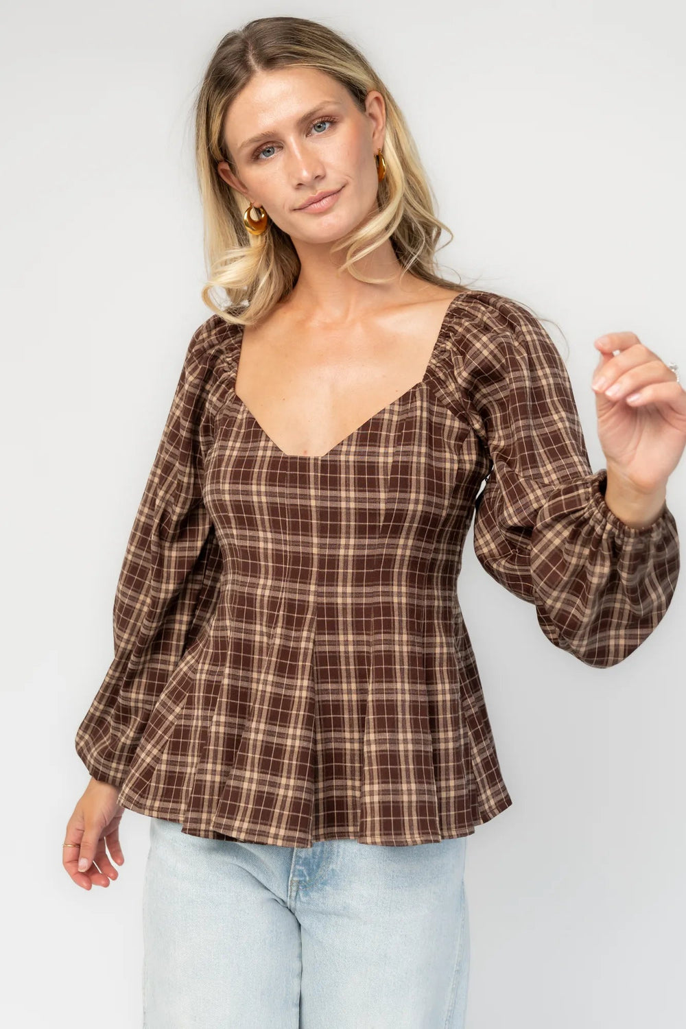Sutton Peplum Top | Baltic Born Brown Plaid Print