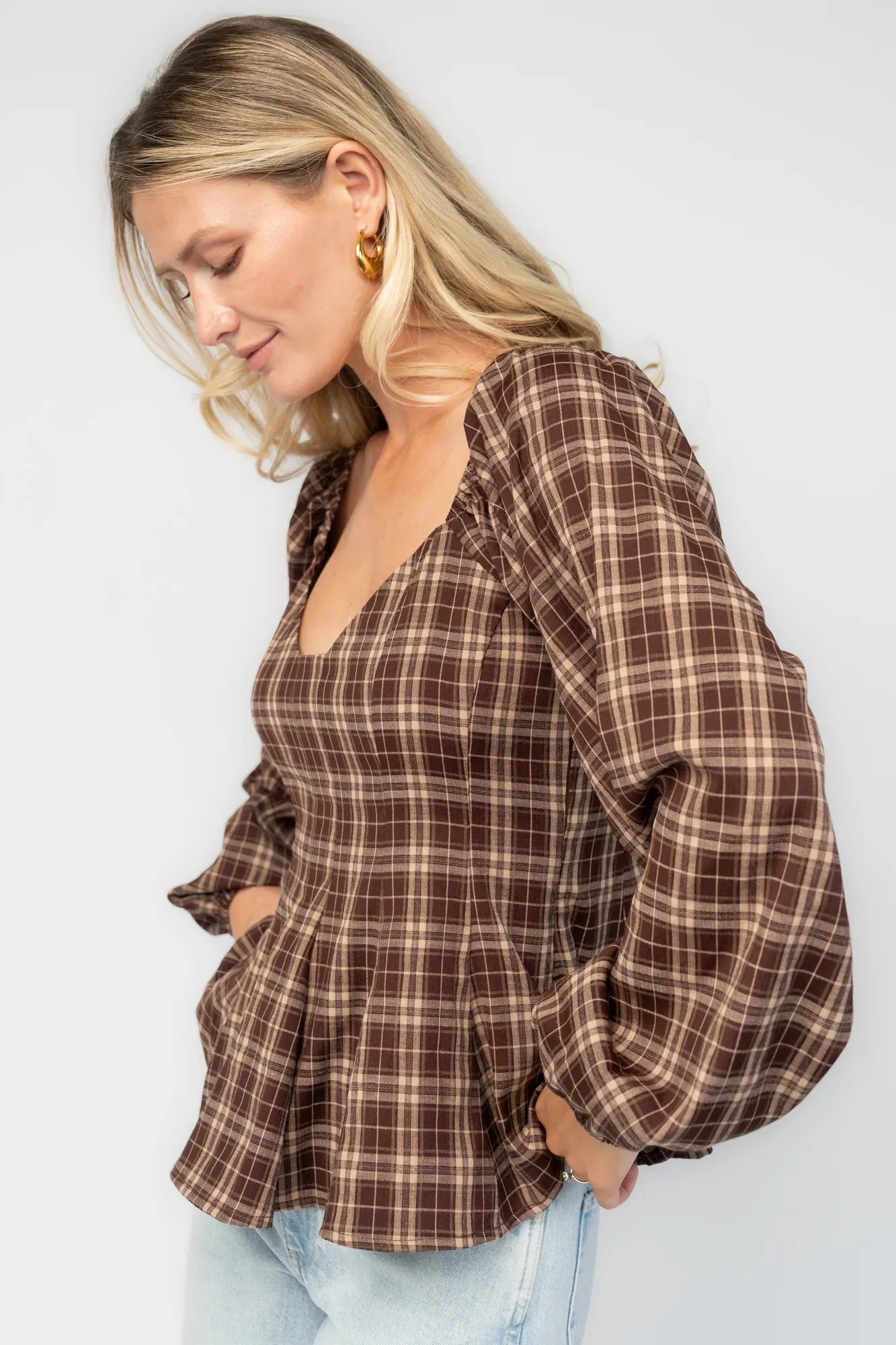 Sutton Peplum Top | Baltic Born Brown Plaid Print