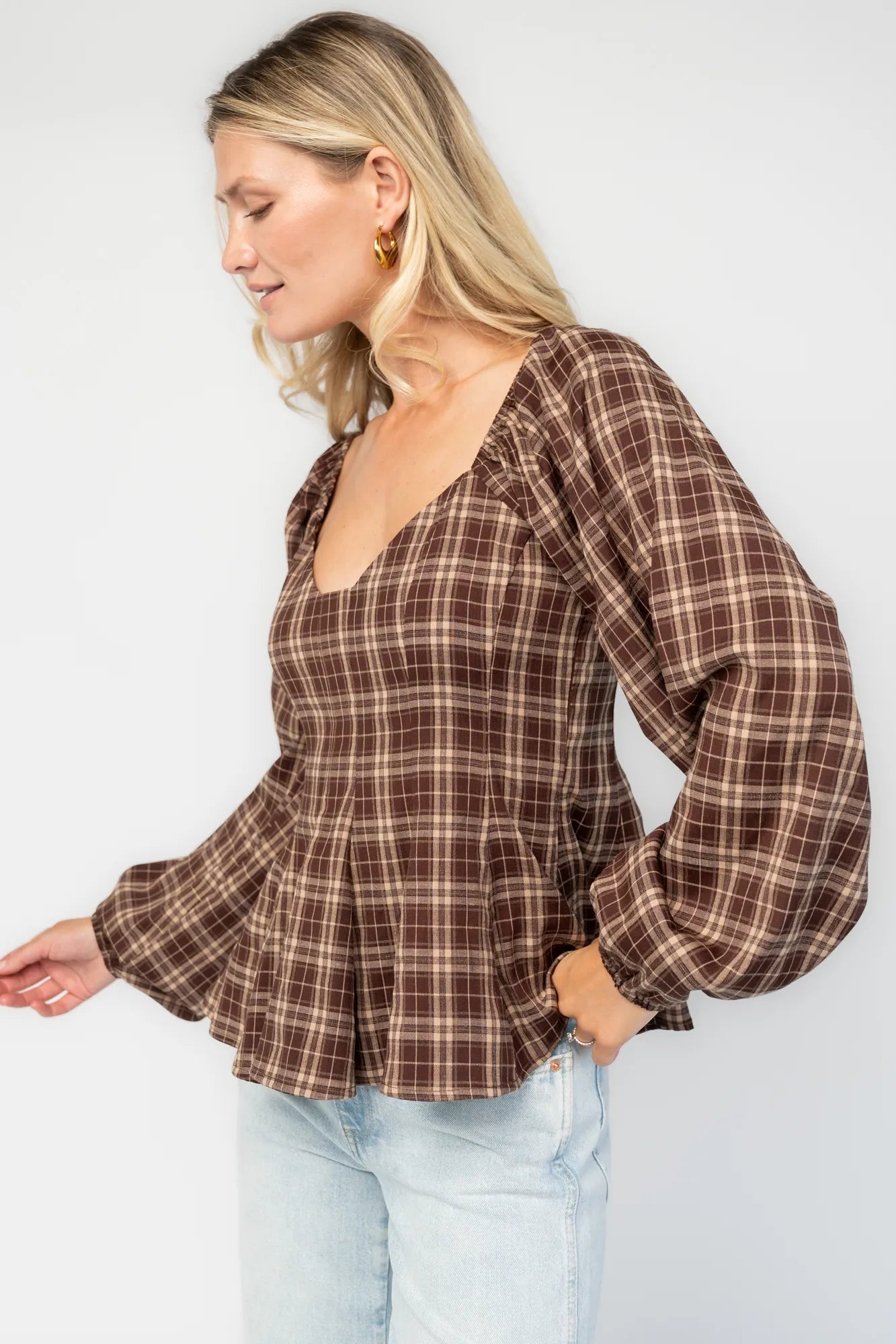Sutton Peplum Top | Baltic Born Brown Plaid Print
