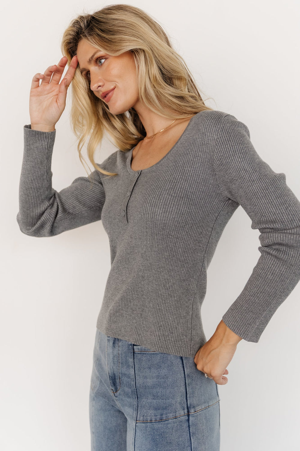 Leo Ribbed Henley Top | Baltic Born Gray
