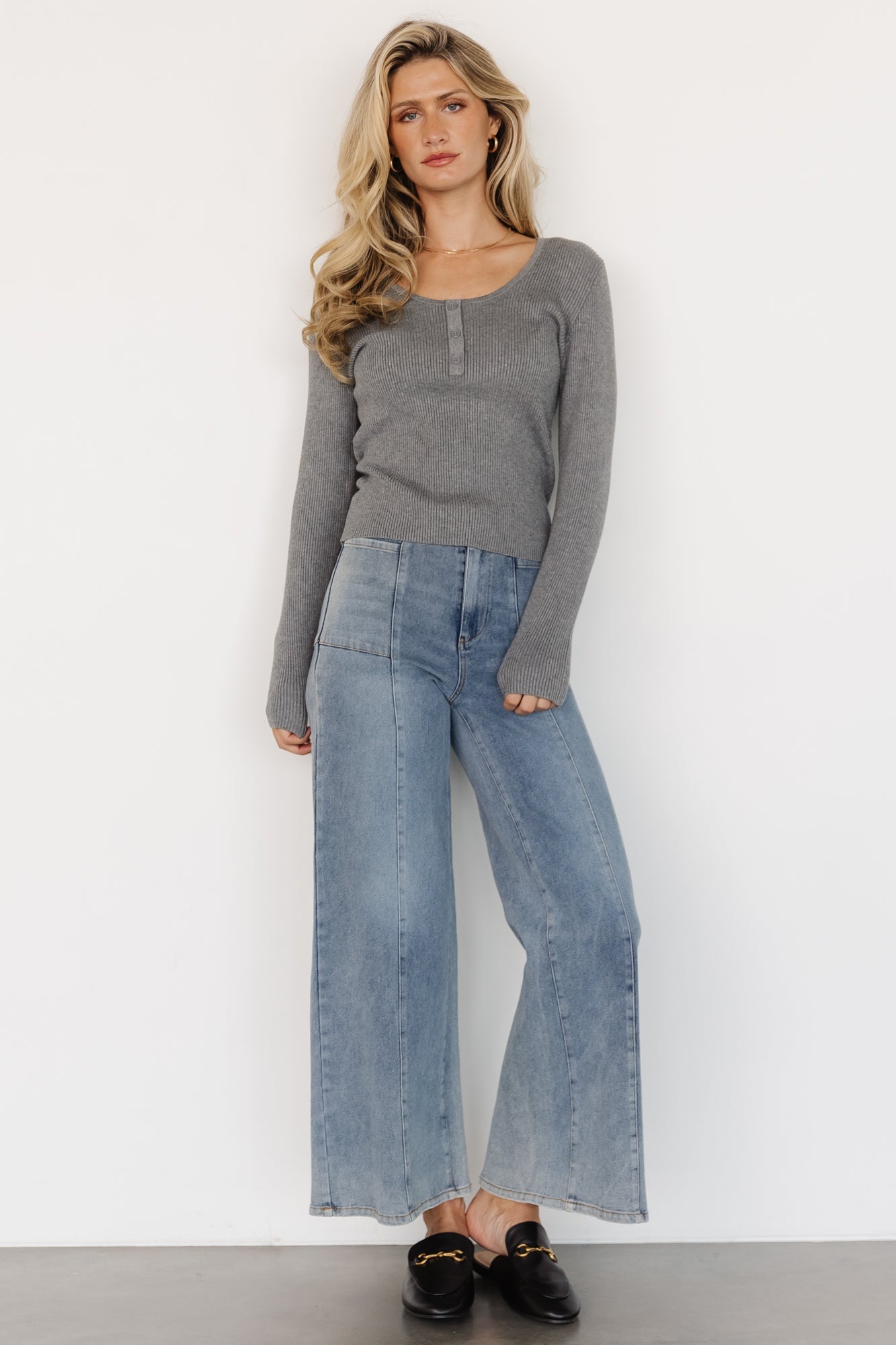 Leo Ribbed Henley Top | Baltic Born Gray