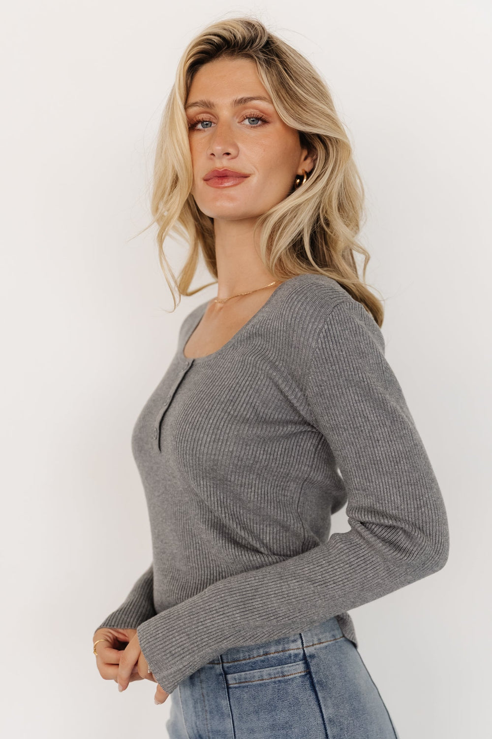 Leo Ribbed Henley Top | Baltic Born Gray