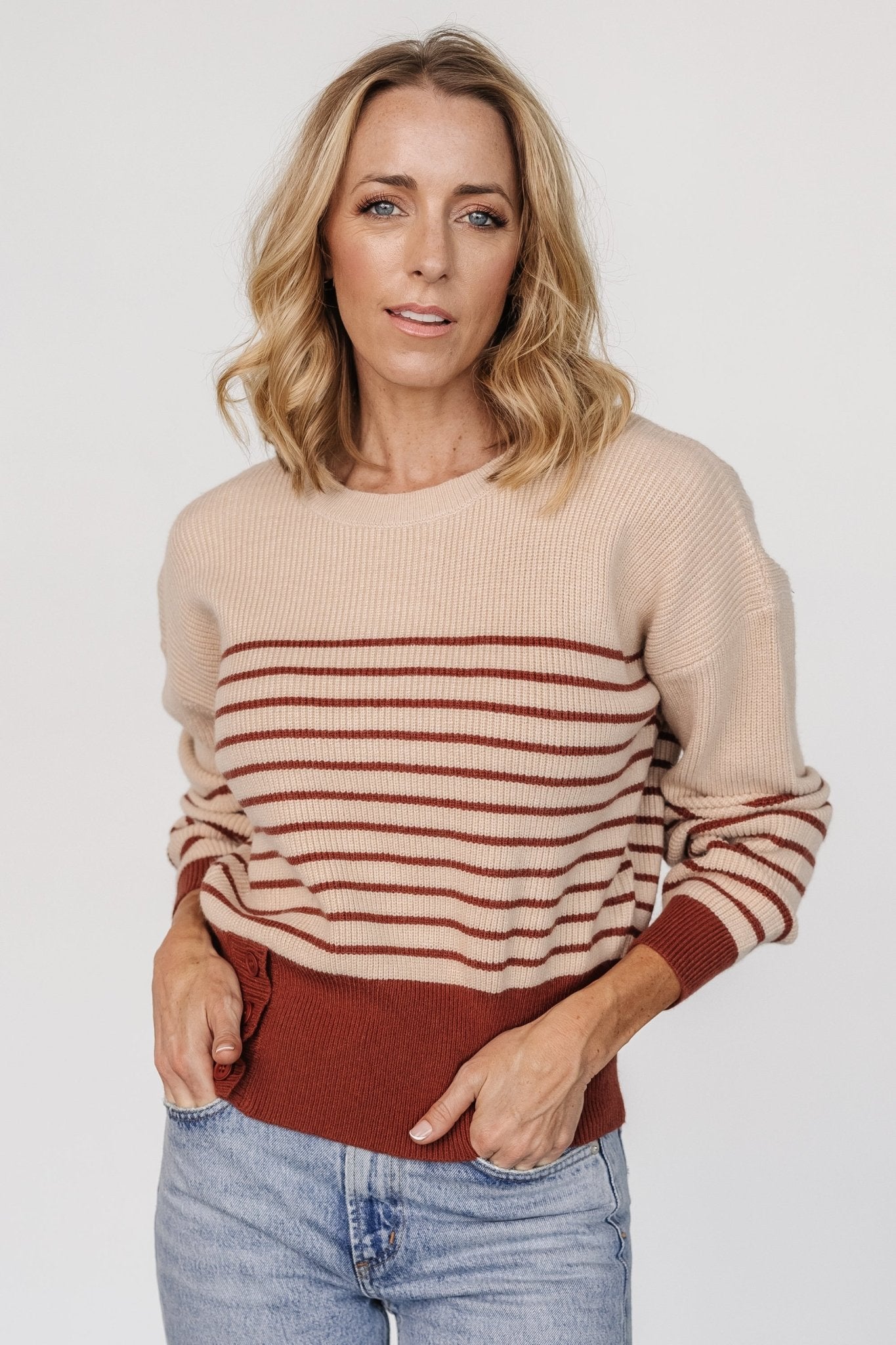 Miles Striped Sweater | Baltic Born Taupe + Marsala