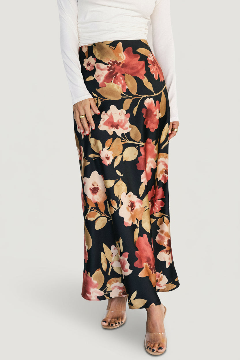 Cosette Satin Midi Skirt | Baltic Born Black Floral
