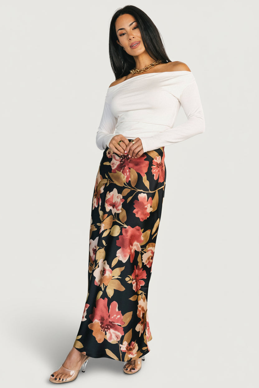 Cosette Satin Midi Skirt | Baltic Born Black Floral