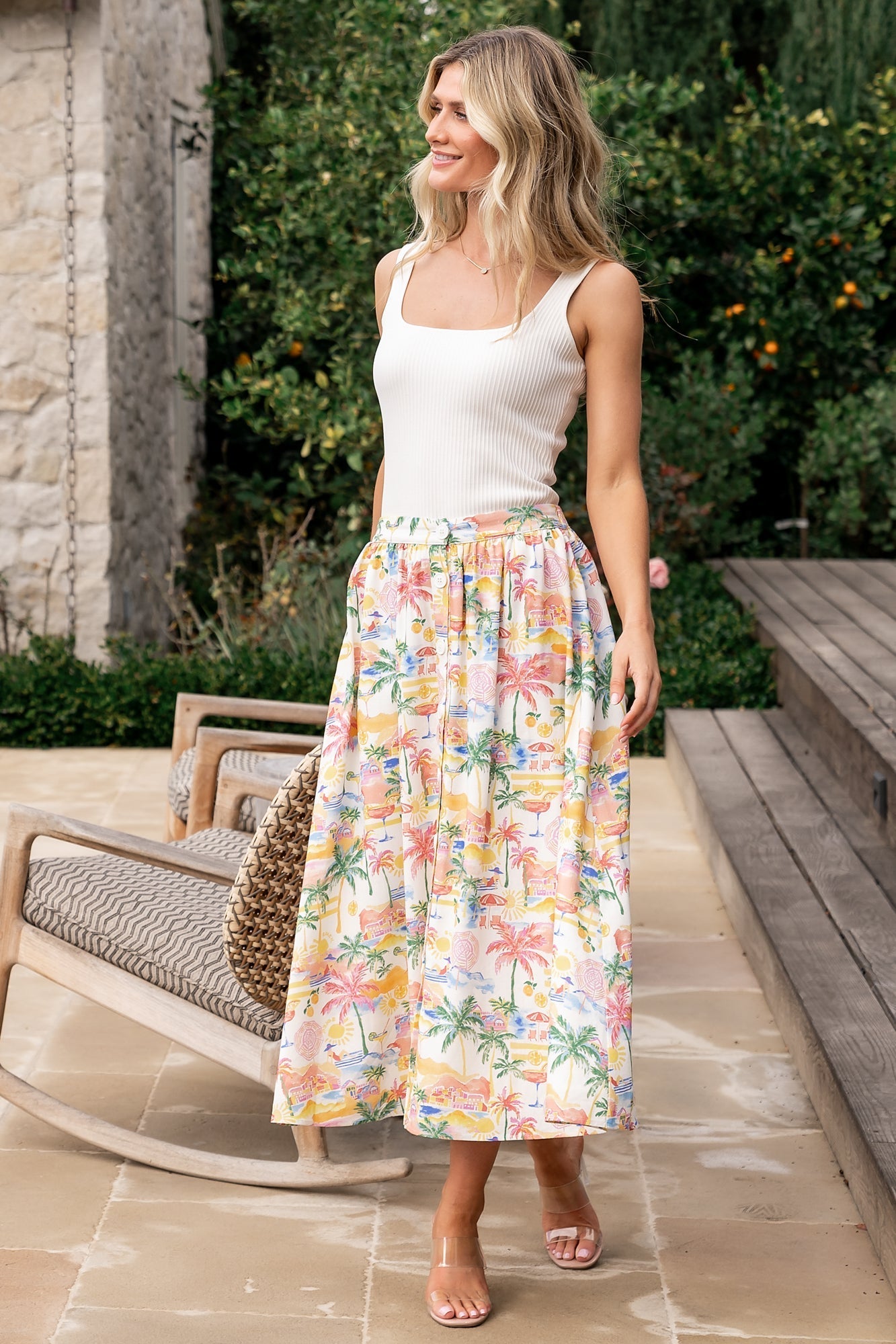 Gigi Button Midi Skirt | Baltic Born Off White + Multi Print
