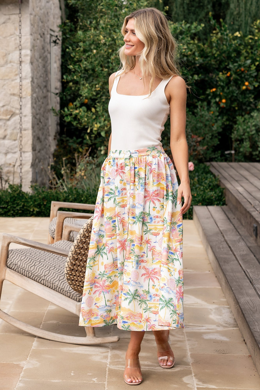 Gigi Button Midi Skirt | Baltic Born Off White + Multi Print