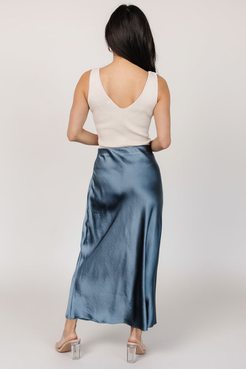 Celeste Satin Midi Skirt | Baltic Born Steel Blue