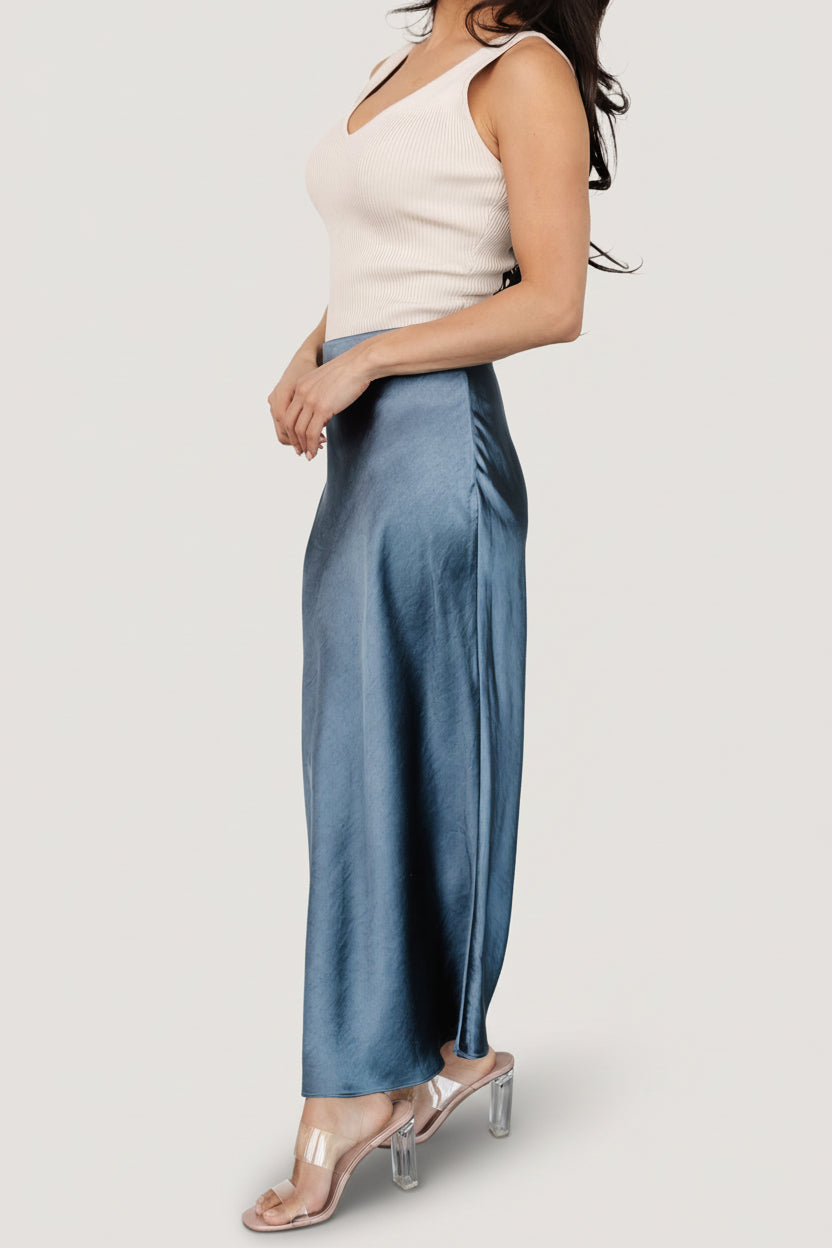 Celeste Satin Midi Skirt | Baltic Born Steel Blue