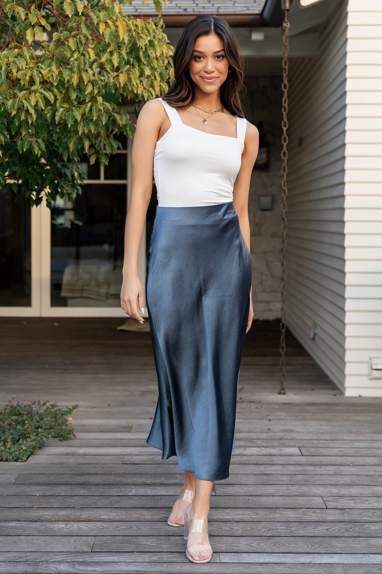 Celeste Satin Midi Skirt | Baltic Born Steel Blue