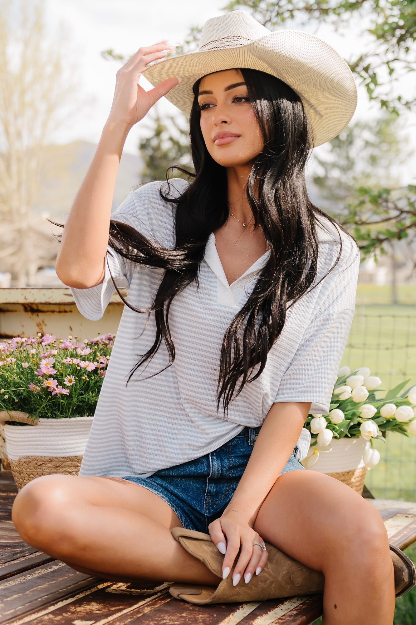 Billie Open Collar Top | Baltic Born Light Blue + White