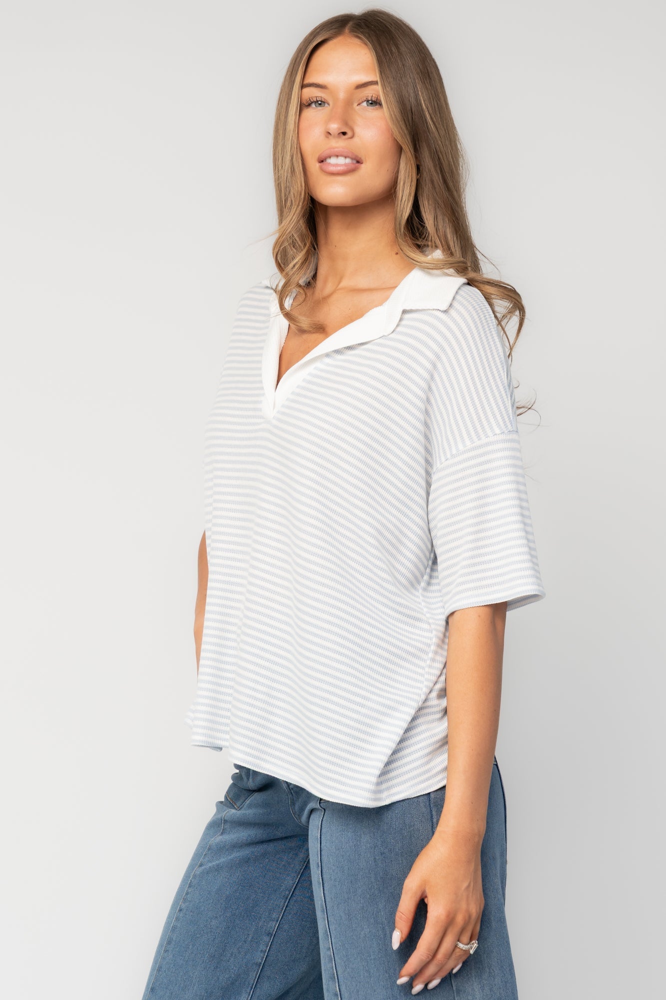 Billie Open Collar Top | Baltic Born Light Blue + White