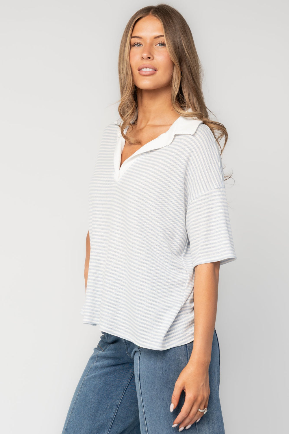 Billie Open Collar Top | Baltic Born Light Blue + White