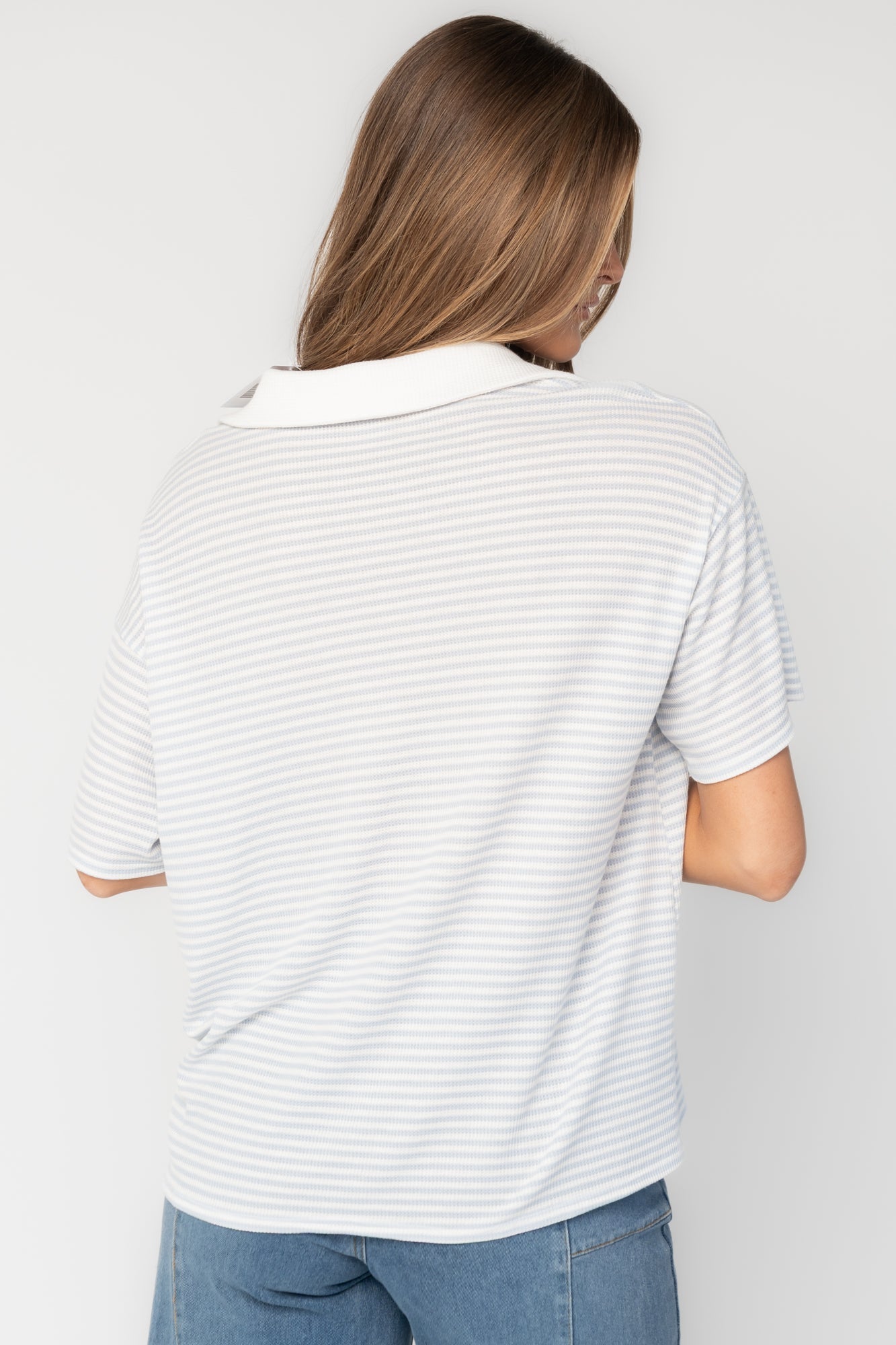 Billie Open Collar Top | Baltic Born Light Blue + White