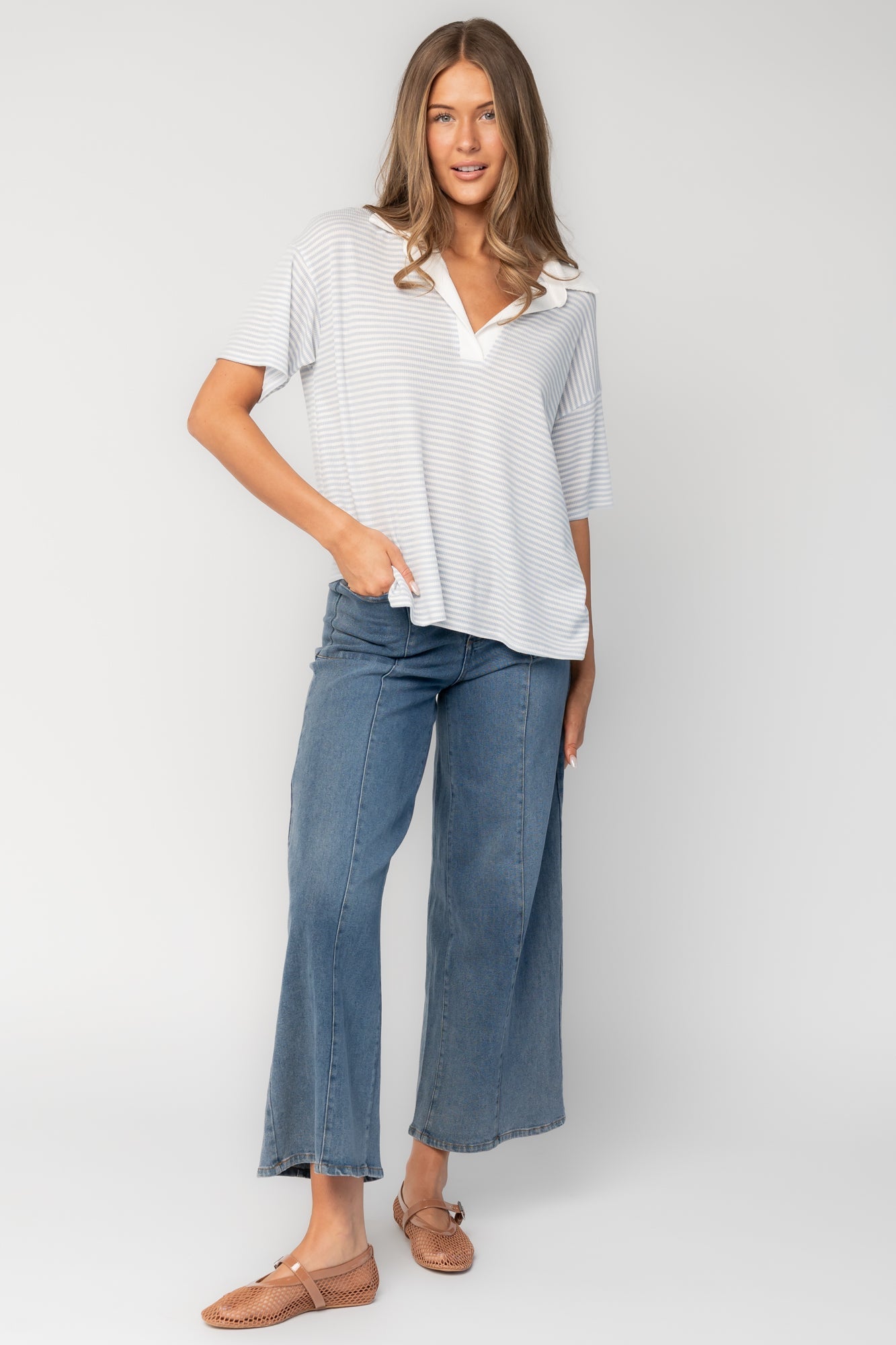 Billie Open Collar Top | Baltic Born Light Blue + White