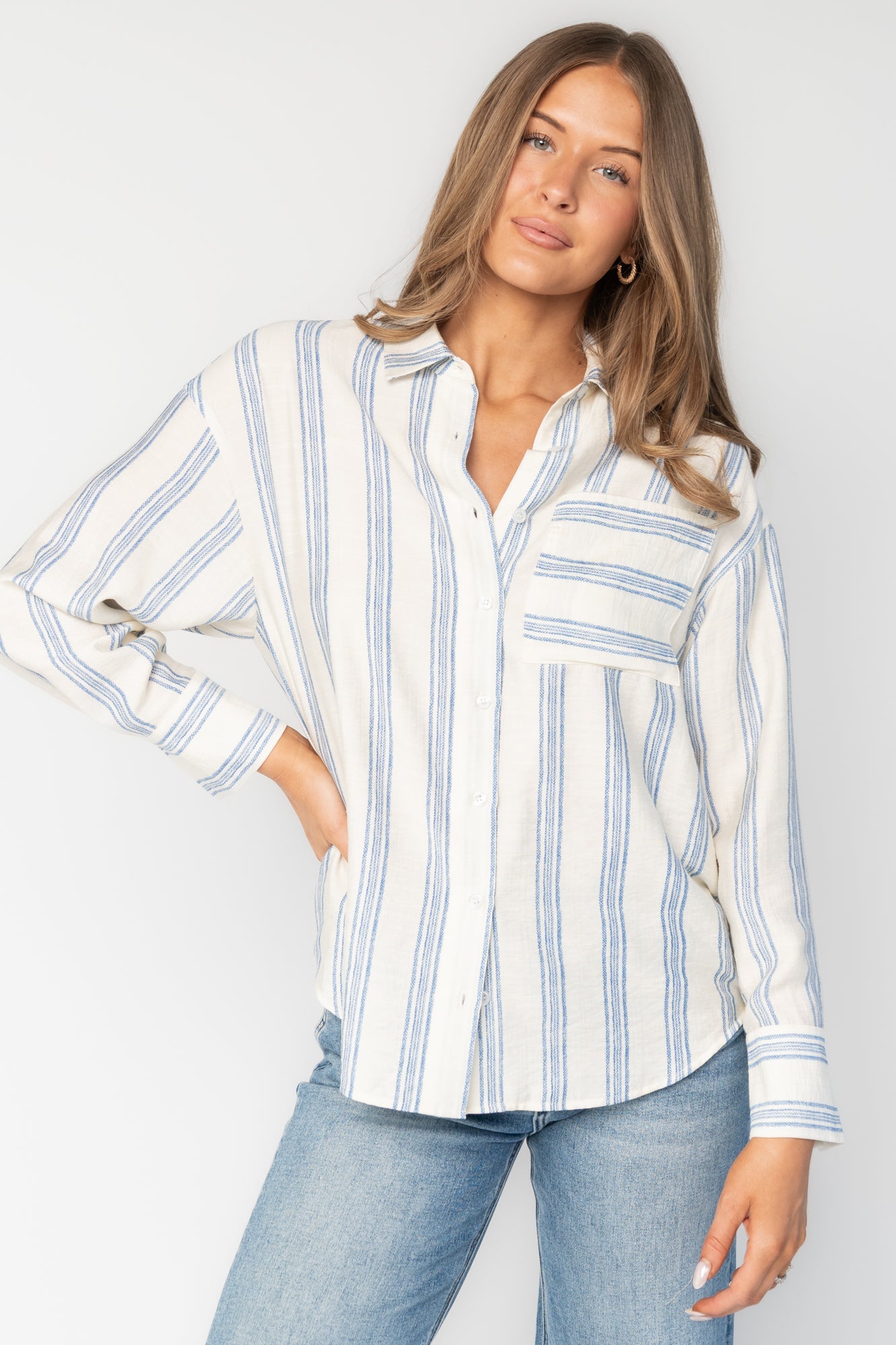 Kane Button Top | Baltic Born Off White + Blue