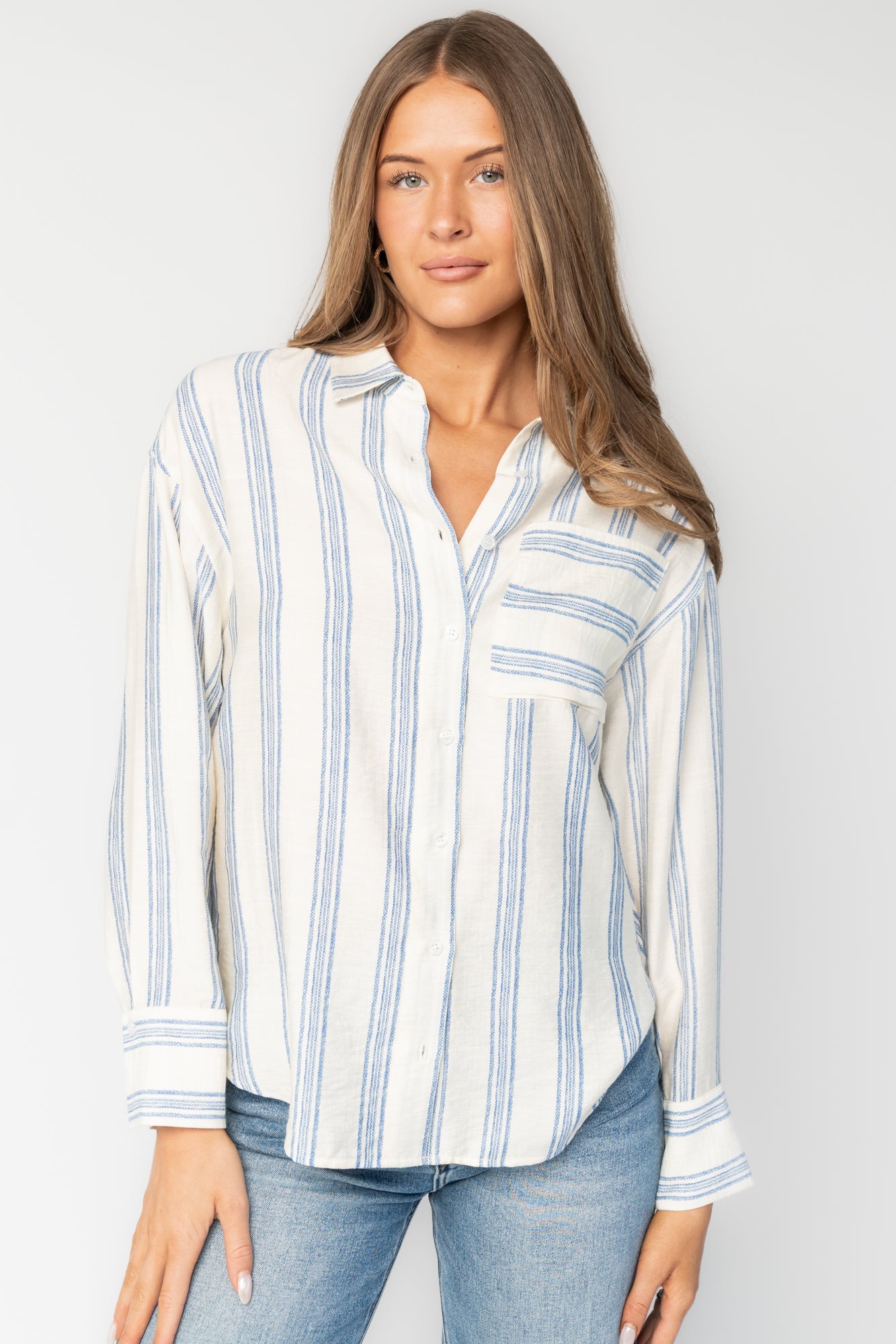 Kane Button Top | Baltic Born Off White + Blue