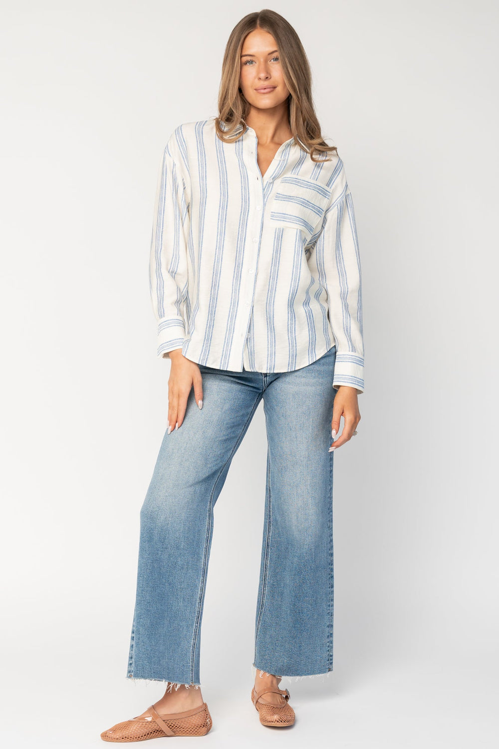 Kane Button Top | Baltic Born Off White + Blue
