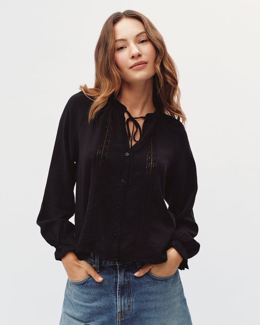 Bella Dahl Raglan Sleeve Top With Lace Inset - Black