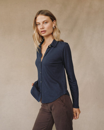 Bella Dahl Long Sleeve Knit Button Down in Endless Sea - Bella Dahl
