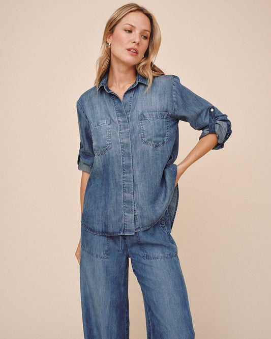 Bella Dahl Split Back Button Down - Shadow Blue Wash