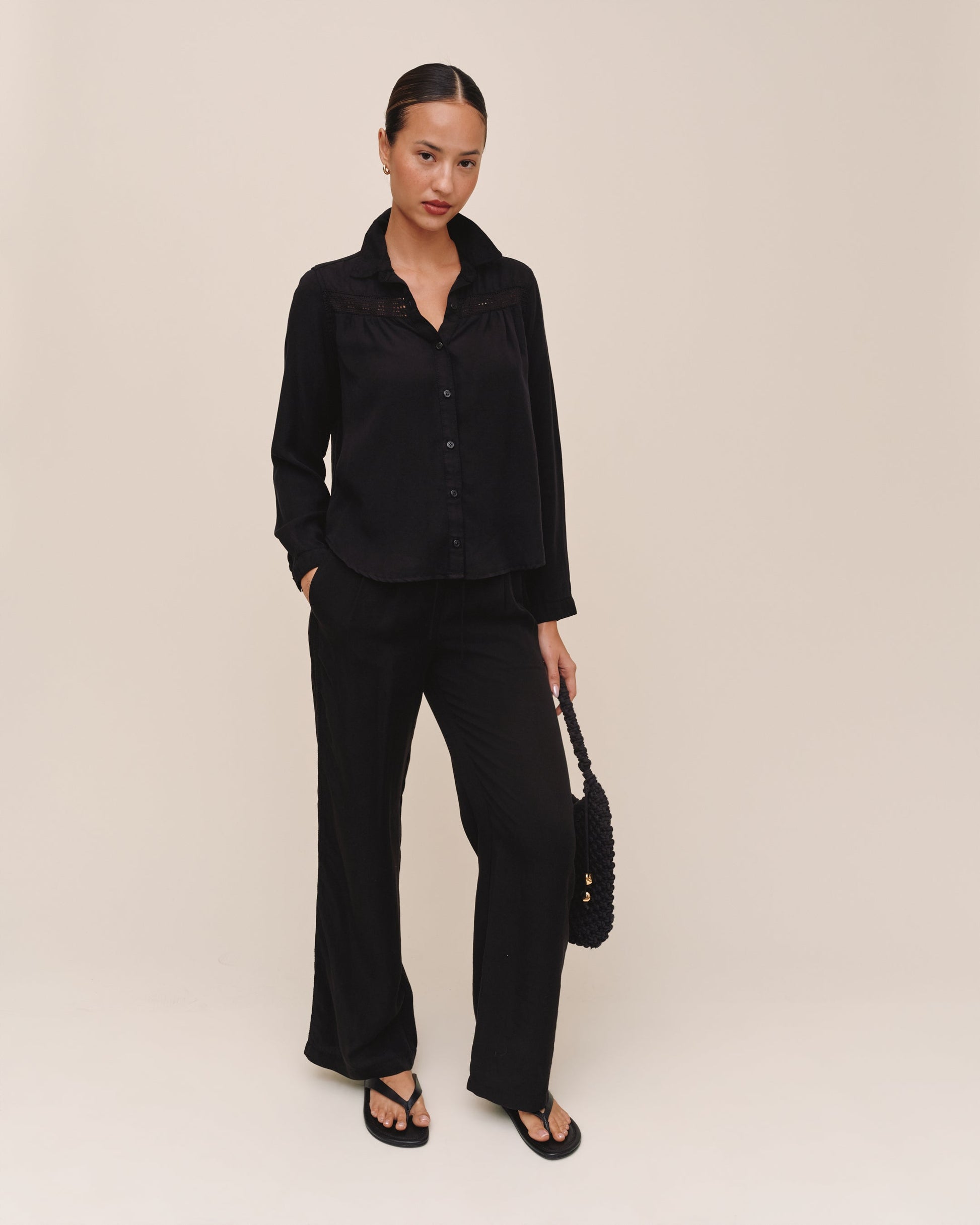 Bella Dahl Long Sleeve Shirt With Lace Inset - Black
