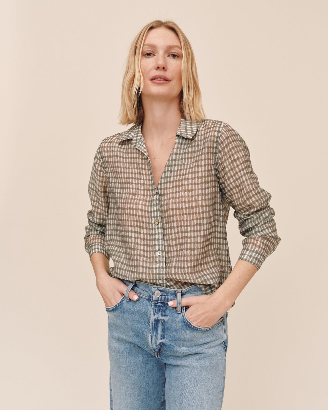Bella Dahl Classic Button Down - Olive Gingham Print
