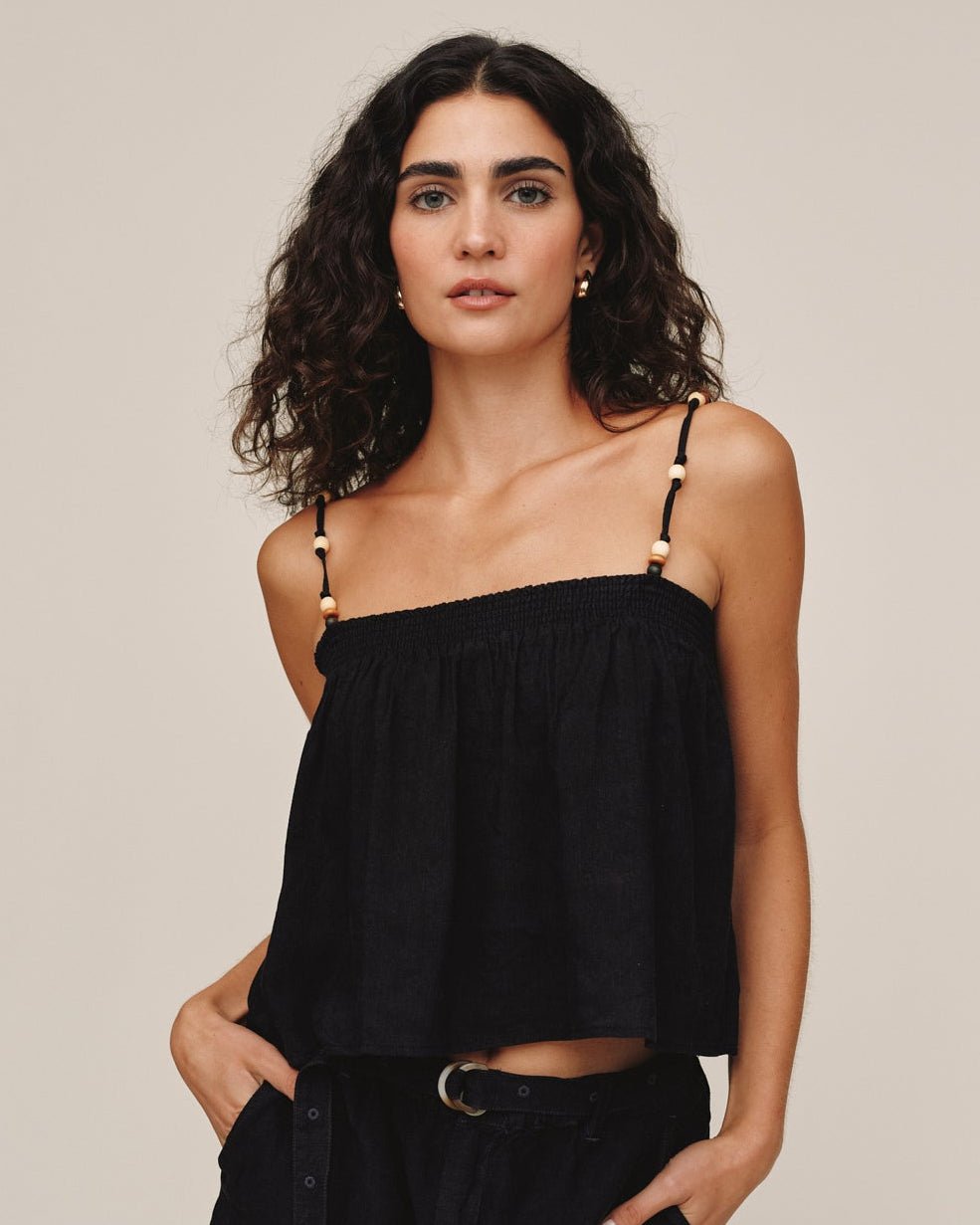 Bella Dahl Smocked Beaded Strap Tank - Black