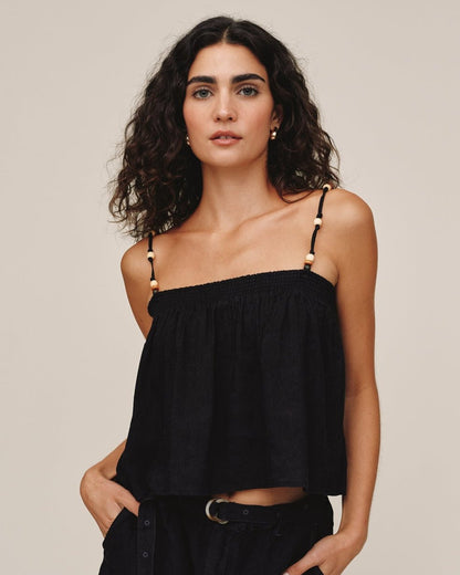Bella Dahl Smocked Beaded Strap Tank - Black