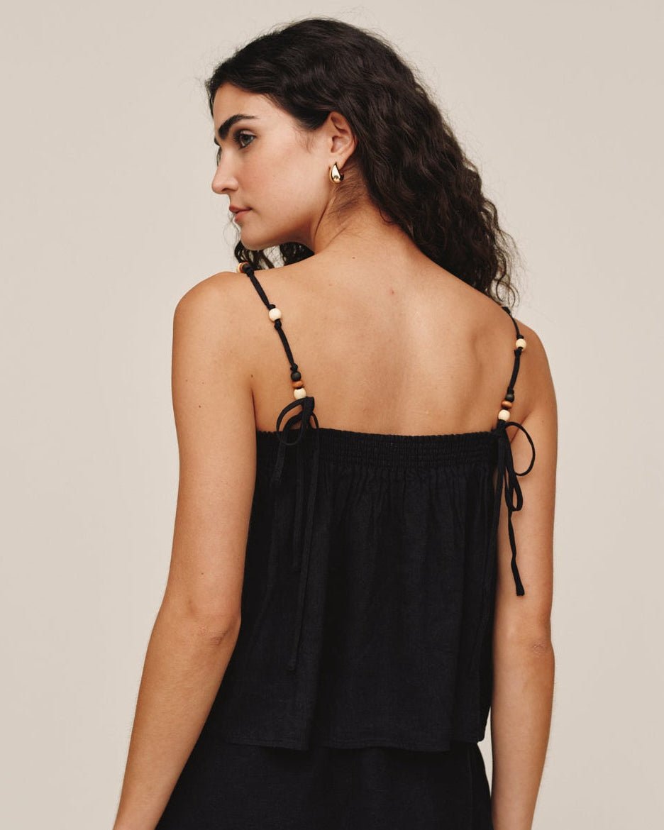 Bella Dahl Smocked Beaded Strap Tank - Black