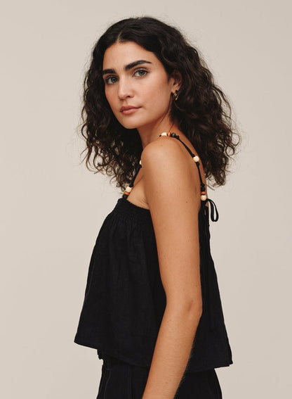 Bella Dahl Smocked Beaded Strap Tank - Black