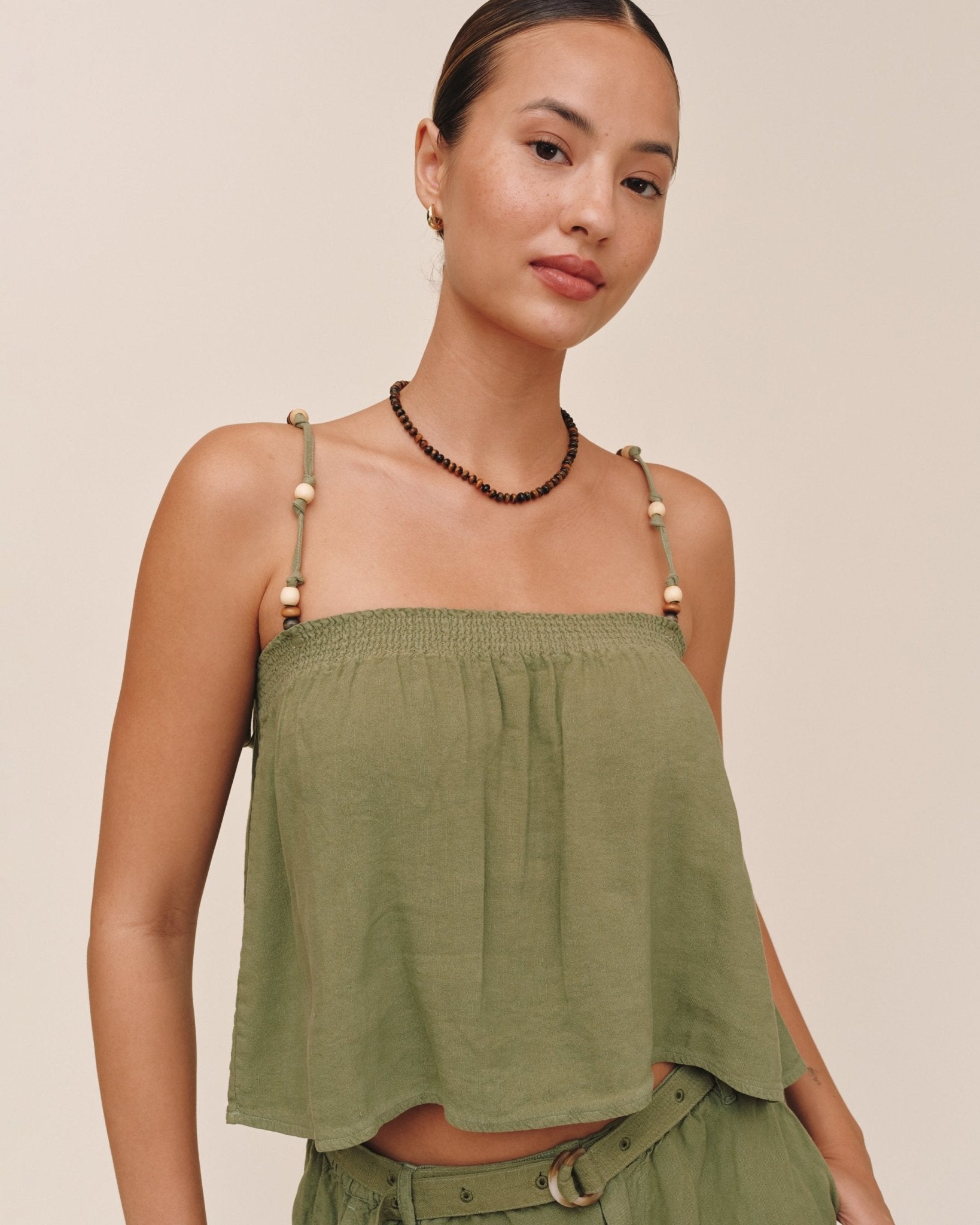 Bella Dahl Smocked Beaded Strap Tank - Olive Leaf