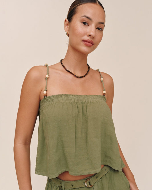 Bella Dahl Smocked Beaded Strap Tank - Olive Leaf
