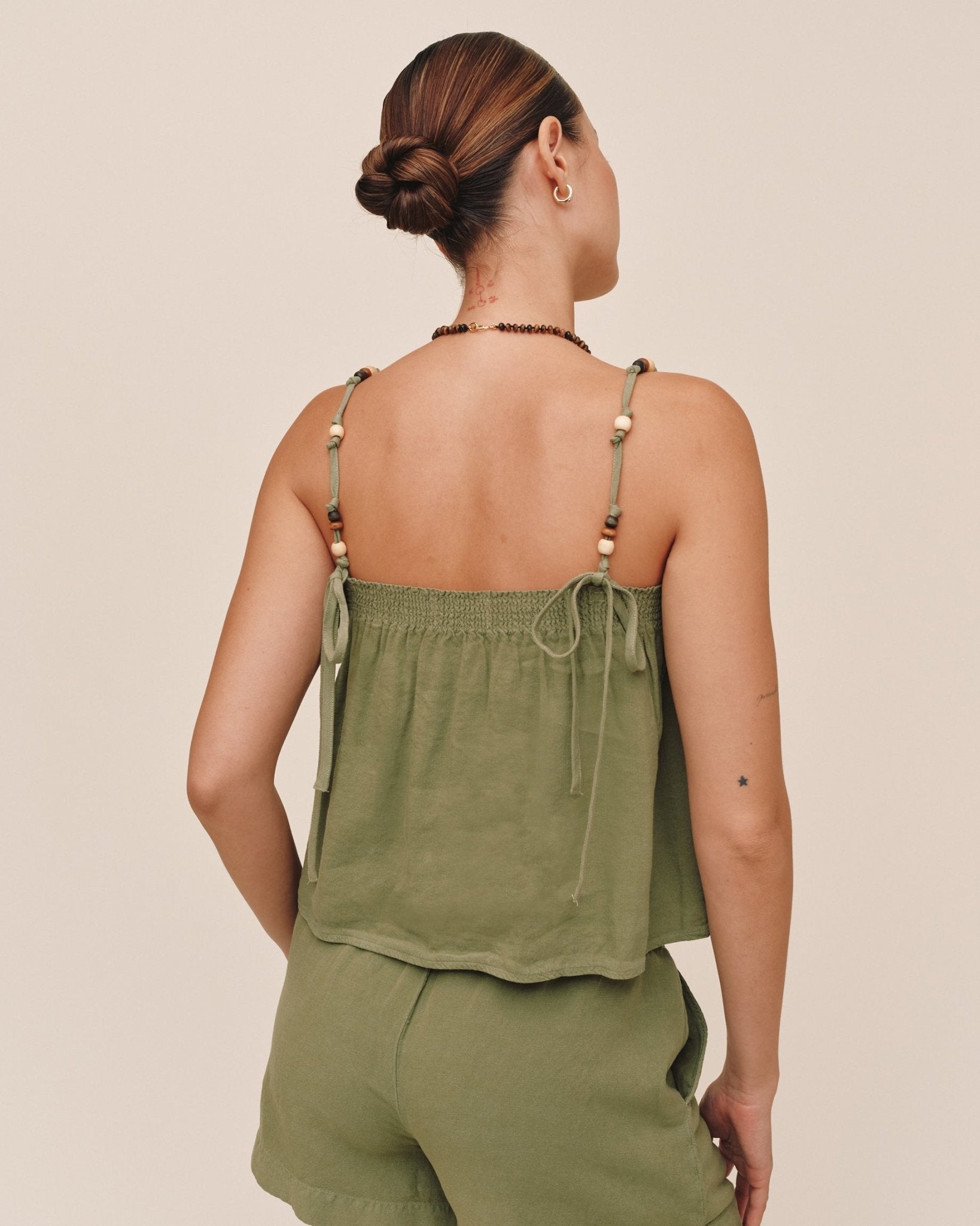 Bella Dahl Smocked Beaded Strap Tank - Olive Leaf