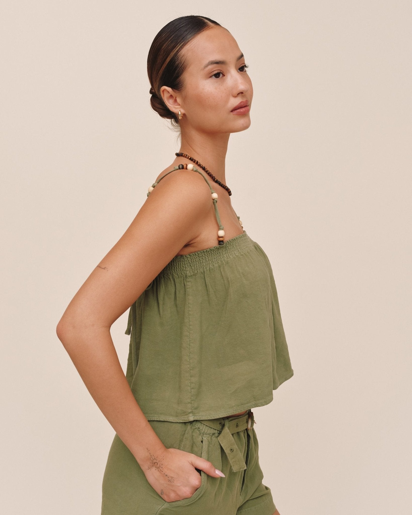 Bella Dahl Smocked Beaded Strap Tank - Olive Leaf