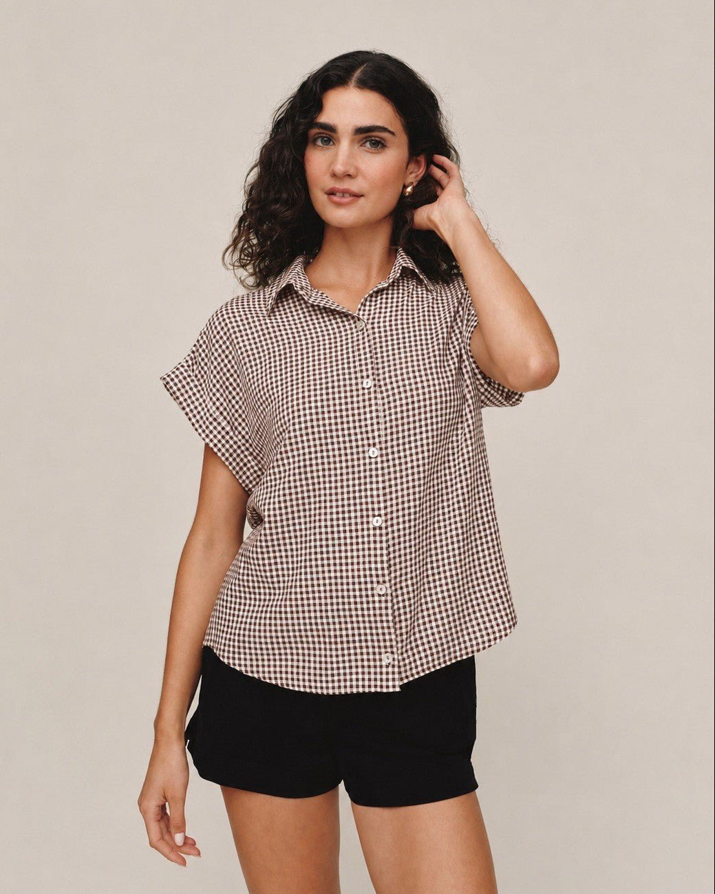 Bella Dahl Short Roll Sleeve Shirt - Brown Micro Gingham