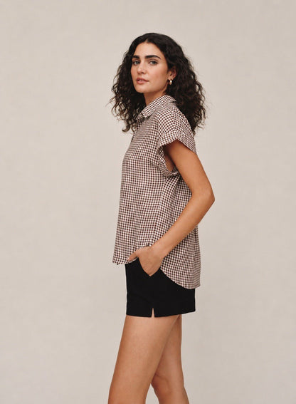 Bella Dahl Short Roll Sleeve Shirt - Brown Micro Gingham