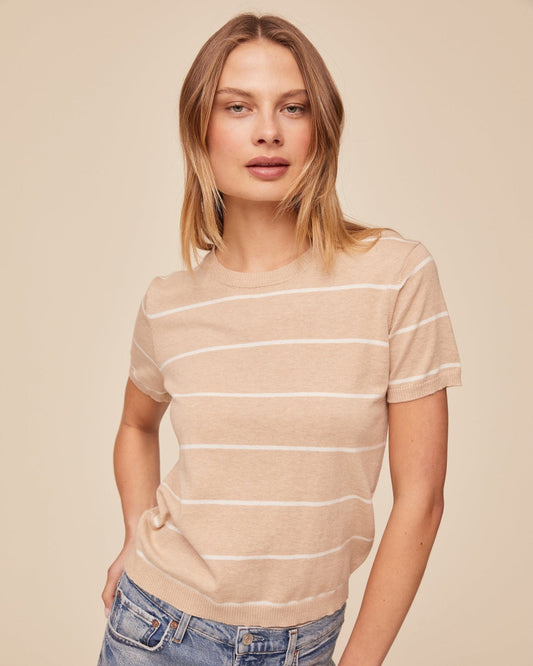 Bella Dahl Short Sleeve Crew Neck Knit Top - Sand Bar Stripe