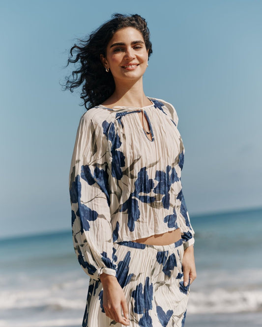 Bella Dahl Pleated Tie Front Top - Indigo Iris Print