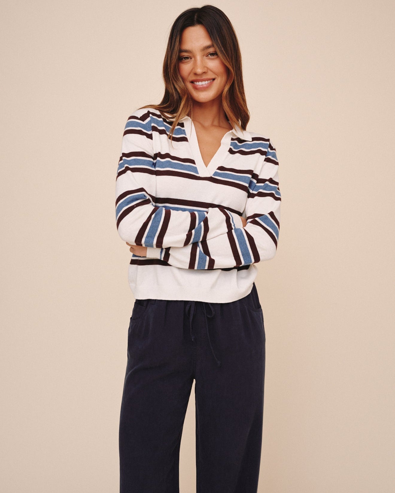 Bella Dahl Long Sleeve Placket Pullover - Garnet Stripe