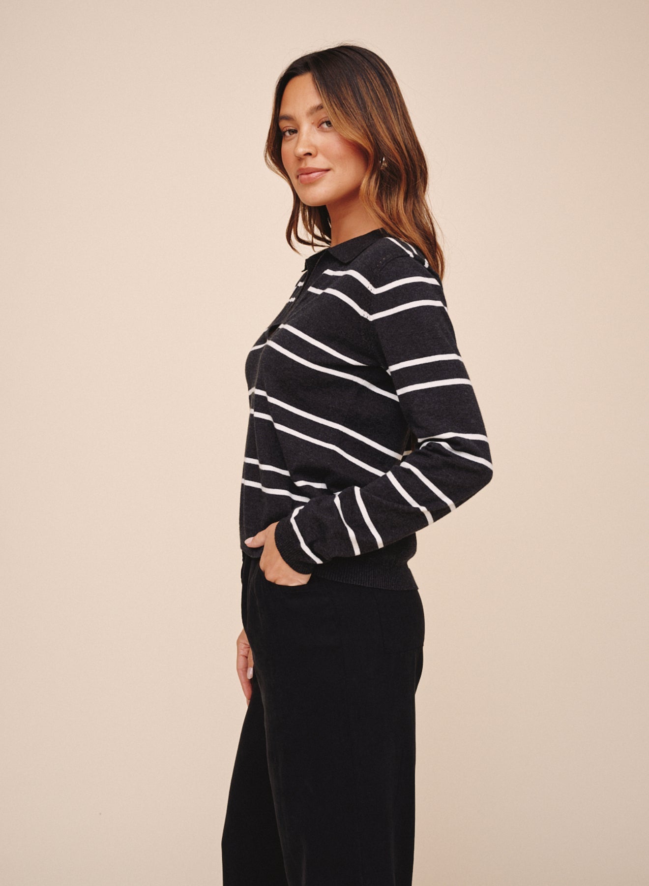 Bella Dahl Long Sleeve Placket Pullover - Graphite Stripe