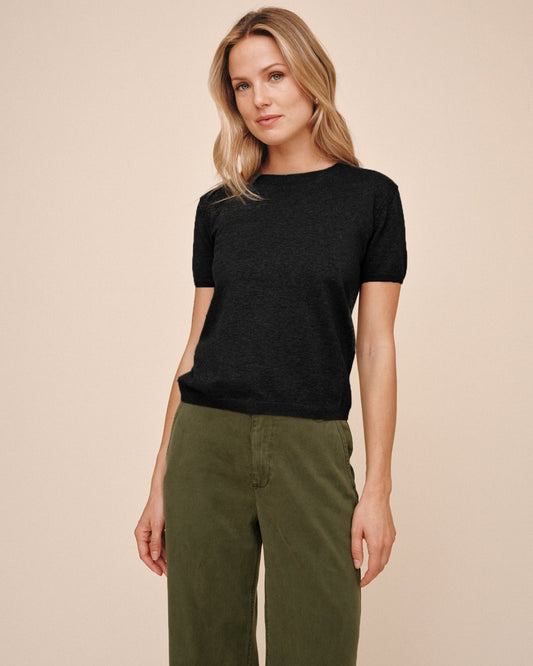 Bella Dahl Short Sleeve Crew Neck Knit Top - Vintage Black