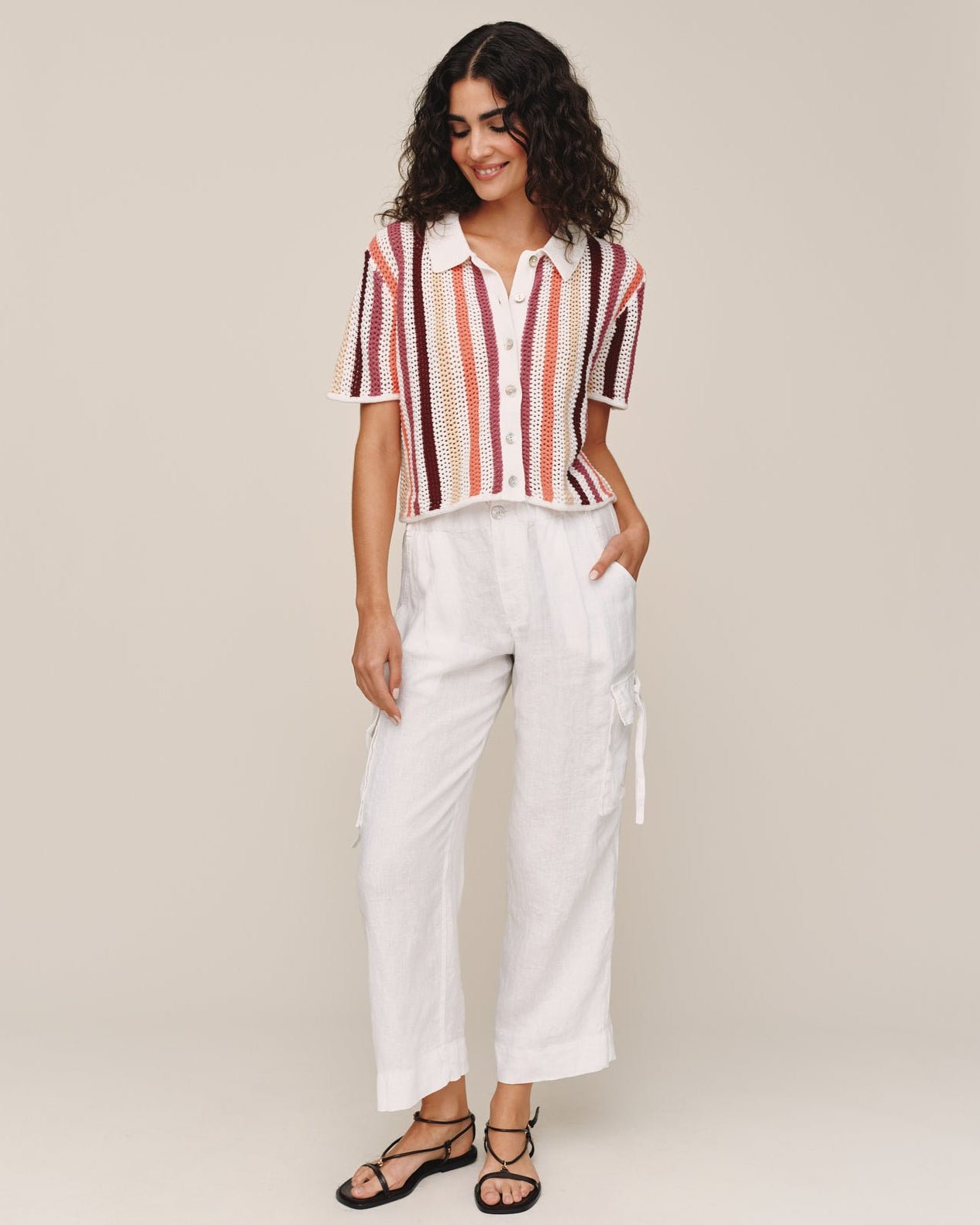 Bella Dahl Short Sleeve Open Knit Stripe Button Down - Beach Side Stripe