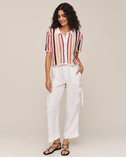 Bella Dahl Short Sleeve Open Knit Stripe Button Down - Beach Side Stripe