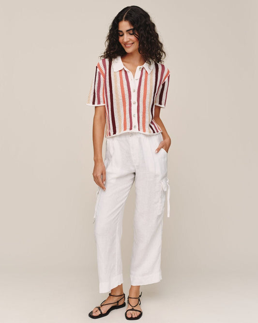 Bella Dahl Short Sleeve Open Knit Stripe Button Down - Beach Side Stripe