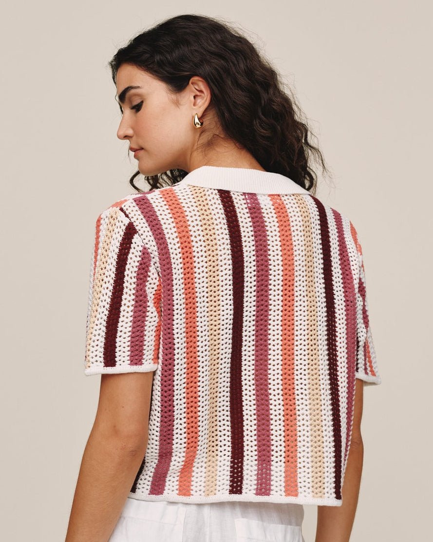 Bella Dahl Short Sleeve Open Knit Stripe Button Down - Beach Side Stripe