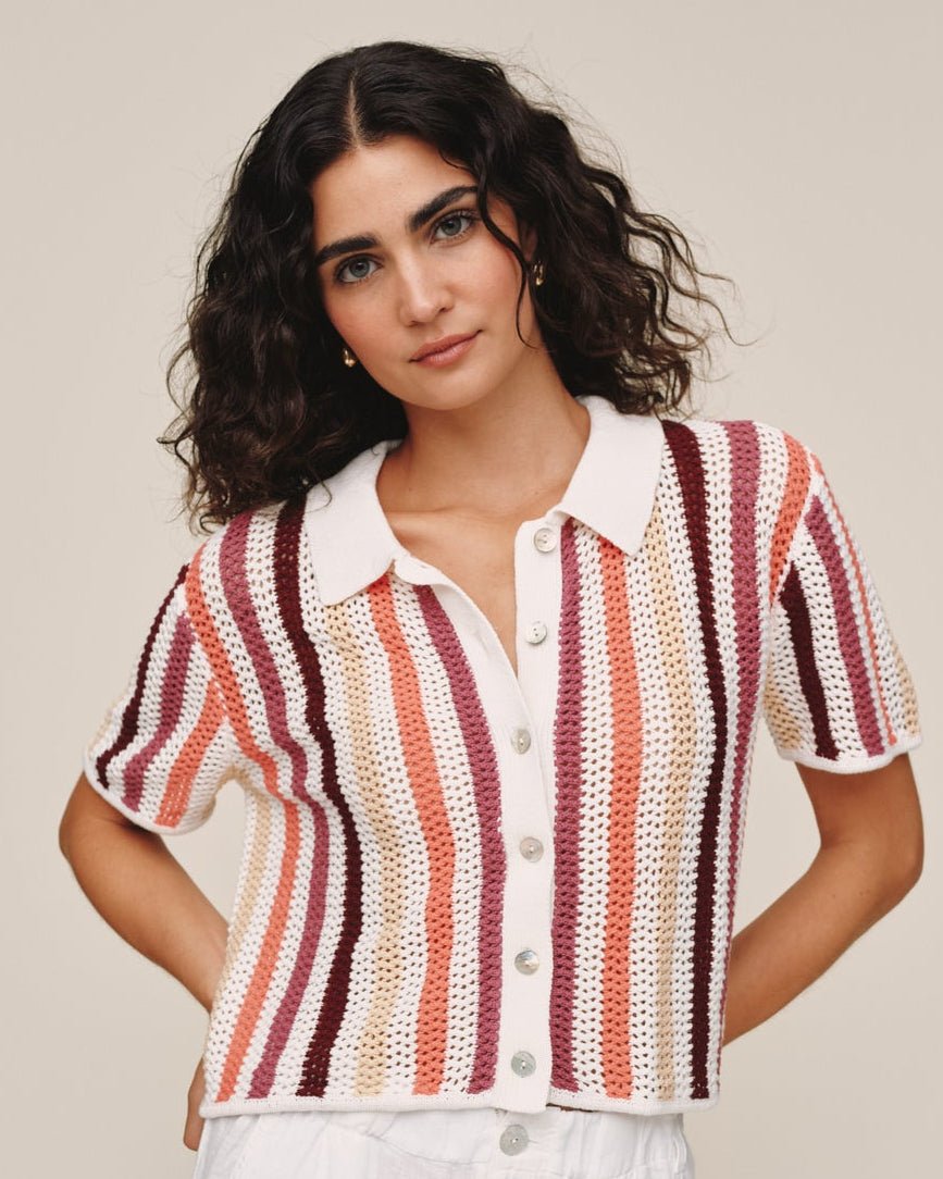 Bella Dahl Short Sleeve Open Knit Stripe Button Down - Beach Side Stripe